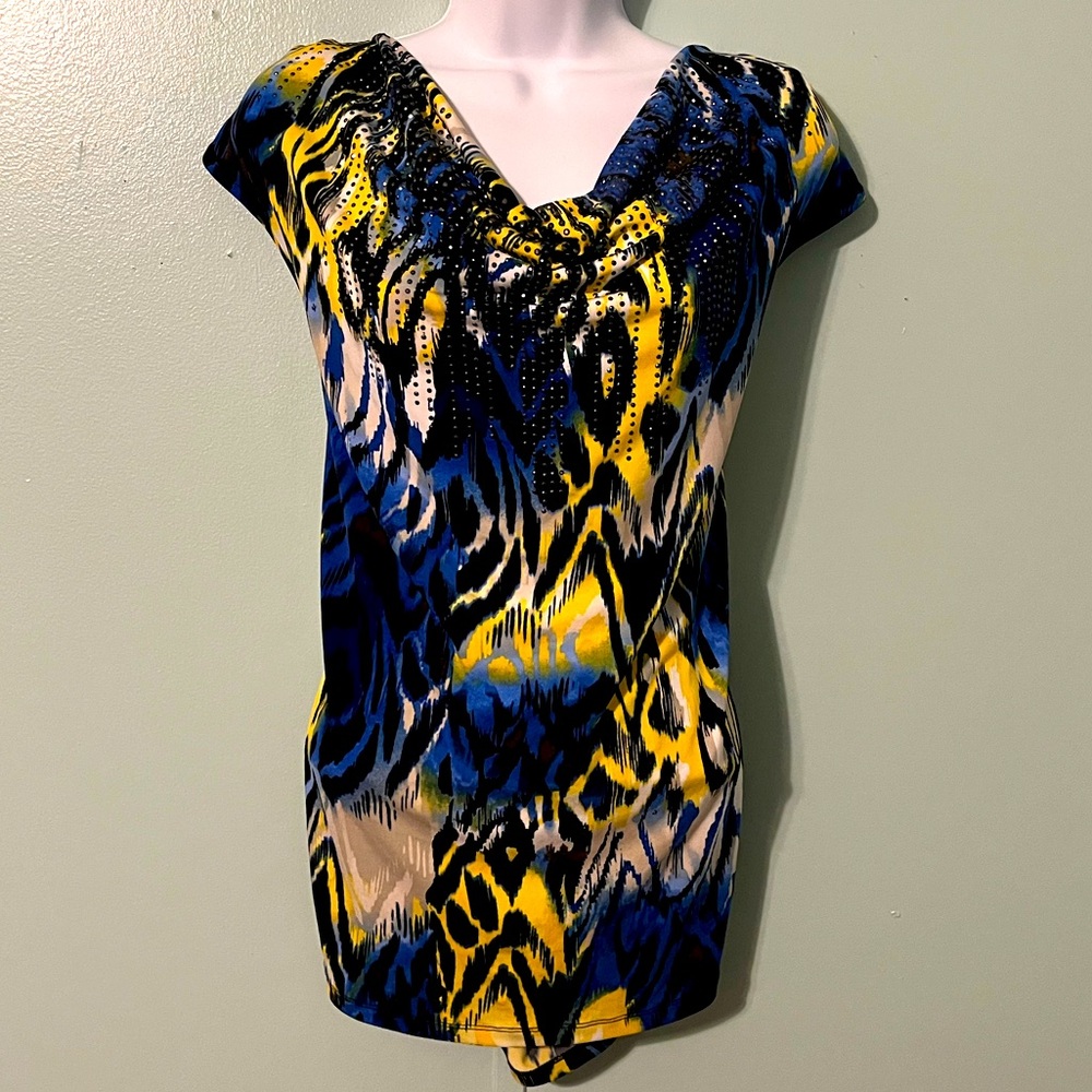 Valerie Stevens Blue Yellow Black Print Cowl Neck Top